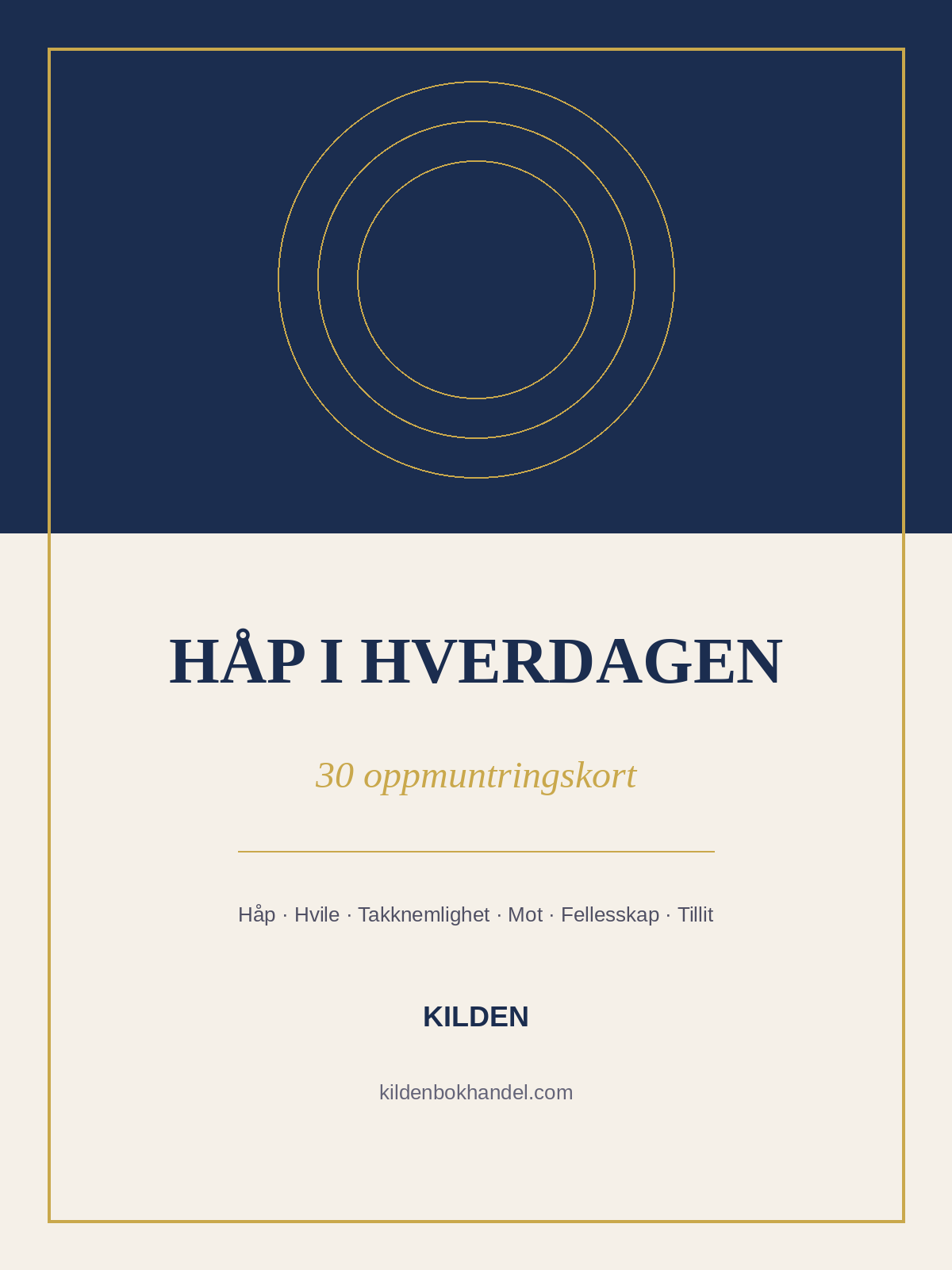 Omslag i mørkeblått og krem med sirkelmotiv og tittelen «Håp i hverdagen – 30 oppmuntringskort», med temaene håp, fred, styrke, glede, tillit og kjærlighet