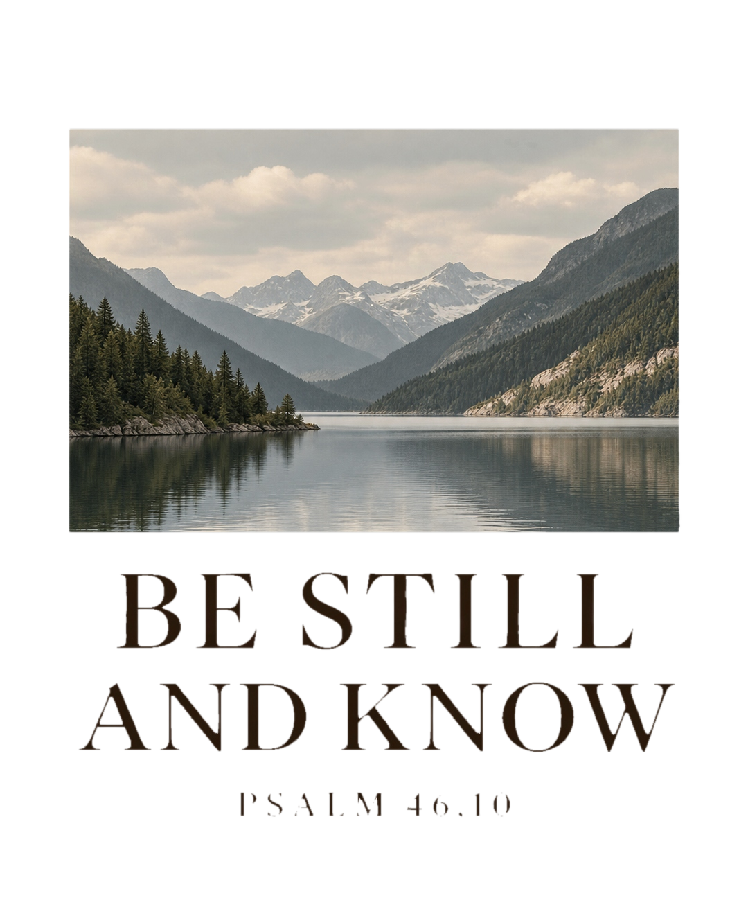 Ryggmotivet på Be Still and Know-t-skjorten: foto av fjell og fjellvann over BE STILL AND KNOW, PSALM 46,10