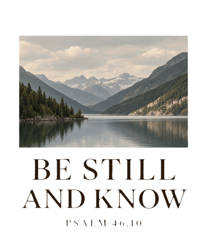 Ryggmotivet på Be Still and Know-t-skjorten: foto av fjell og fjellvann over BE STILL AND KNOW, PSALM 46,10