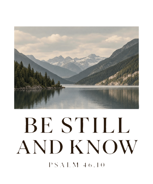 Ryggmotivet på Be Still and Know-t-skjorten: foto av fjell og fjellvann over BE STILL AND KNOW, PSALM 46,10