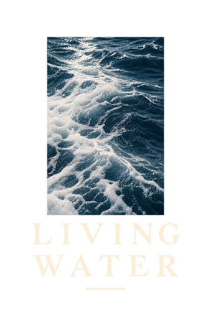 Ryggmotivet på Living Water-t-skjorten: foto av havbølger over LIVING WATER