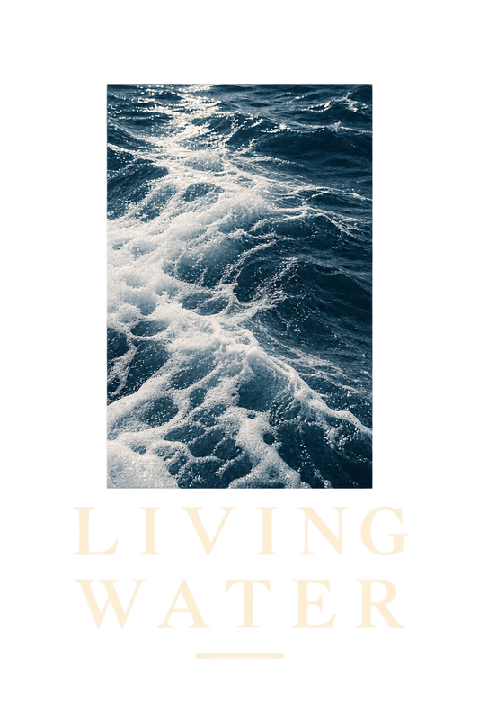 Ryggmotivet på Living Water-t-skjorten: foto av havbølger over LIVING WATER