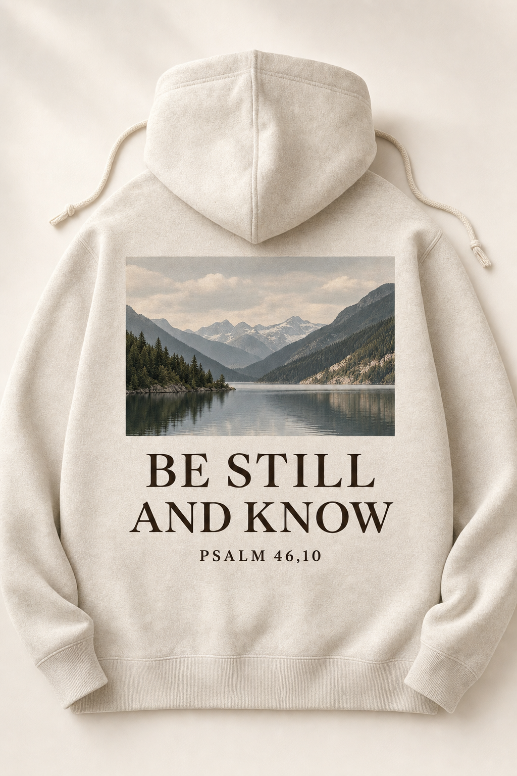 Hettegenser i oatmeal sett bakfra med fotomotiv av fjell og fjellvann over teksten BE STILL AND KNOW, PSALM 46,10