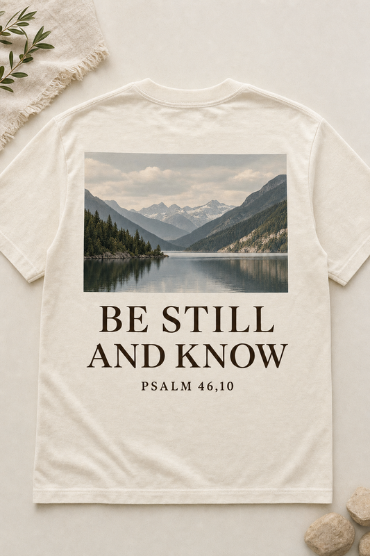 Kremhvit Be Still and Know-t-skjorte sett bakfra, med fjellandskap over BE STILL AND KNOW, PSALM 46,10