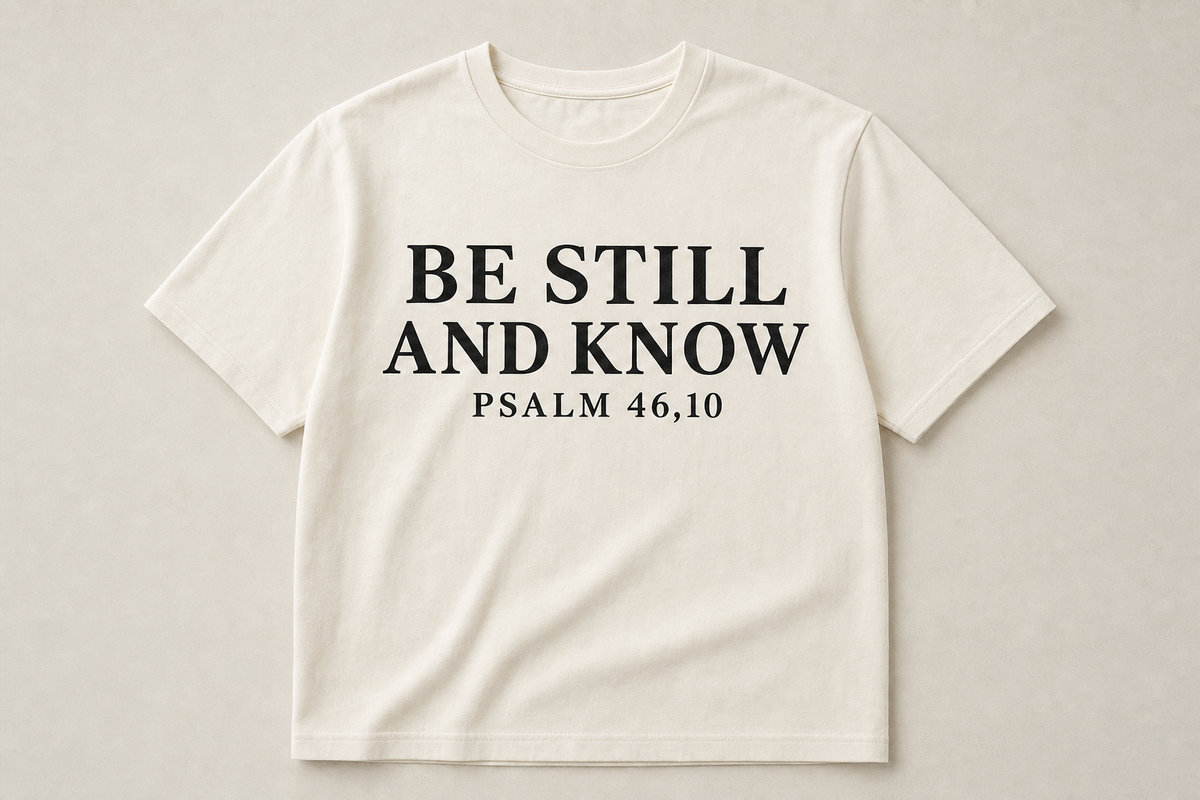 Kremhvit t-skjorte med teksten BE STILL AND KNOW og PSALM 46,10 i svarte bokstaver på brystet