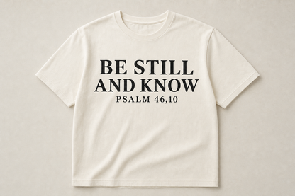 Kremhvit t-skjorte med teksten BE STILL AND KNOW og PSALM 46,10 i svarte bokstaver på brystet