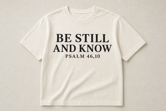 Kremhvit t-skjorte med teksten BE STILL AND KNOW og PSALM 46,10 i svarte bokstaver på brystet