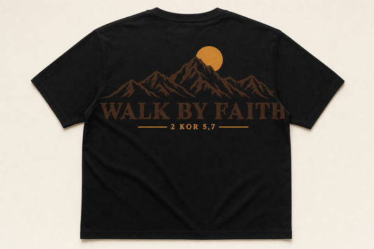 Svart t-skjorte med brun fjellsilhuett, oransje sol og teksten WALK BY FAITH, 2 KOR 5,7