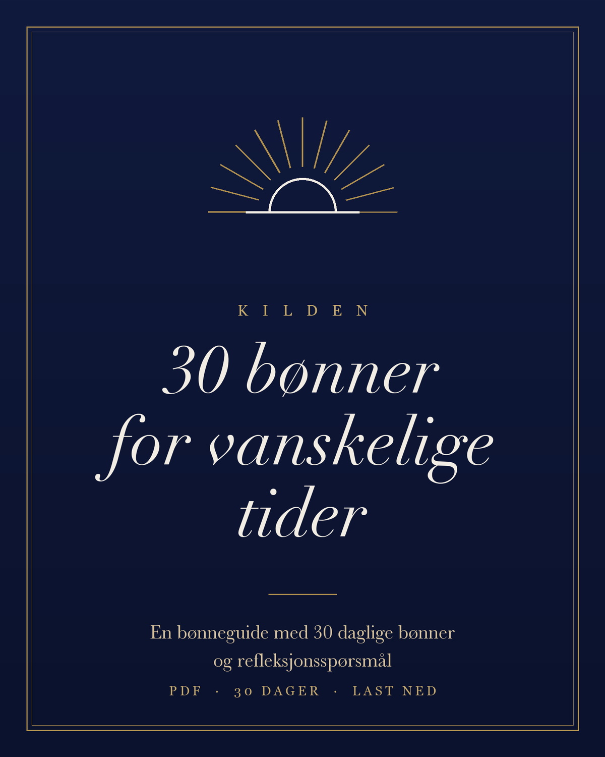 Mørkeblått omslag med stilisert soloppgang og tittelen «30 bønner for vanskelige tider» fra Kilden
