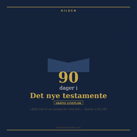 Mørkeblått omslag med oppslått bok i gull, tallet 90 og tittelen «90 dager i Det nye testamente», merket gratis leseplan