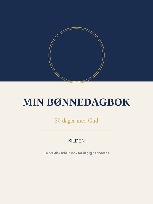 Omslag i mørkeblått og krem med tynn gullsirkel og tittelen «Min Bønnedagbok – 30 dager med Gud»
