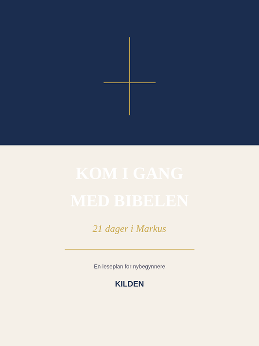 Omslag i mørkeblått og krem med tynt kors og tittelen «Kom i gang med Bibelen – 21 dager i Markus», en leseplan for nybegynnere