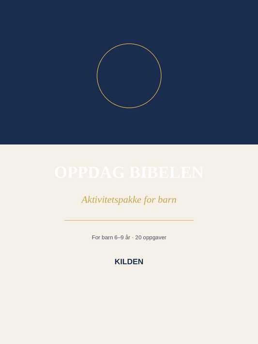 Omslag i mørkeblått og krem med tittelen «Oppdag Bibelen – aktivitetspakke for barn», for barn 6–9 år, 20 oppgaver